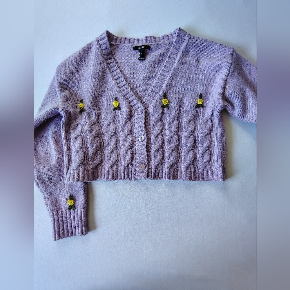 Forever 21 Purple Cropped Cardigan with Yellow Embroidery Size S
